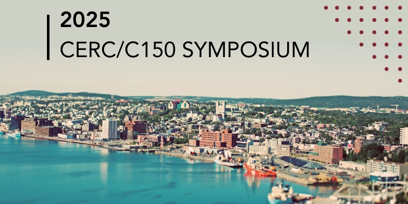 Design featuring a cityscape and ocean harbour along with the text 2025 CERC/C150 Symposium in black font and small red dots in the top right-hand corner.